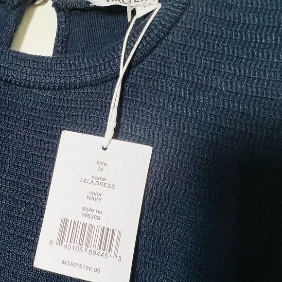 Walter Baker Dress Midi Long Sleeve Navy Blue Gathered Shoulder Puff Stretch M - Picture 15 of 16